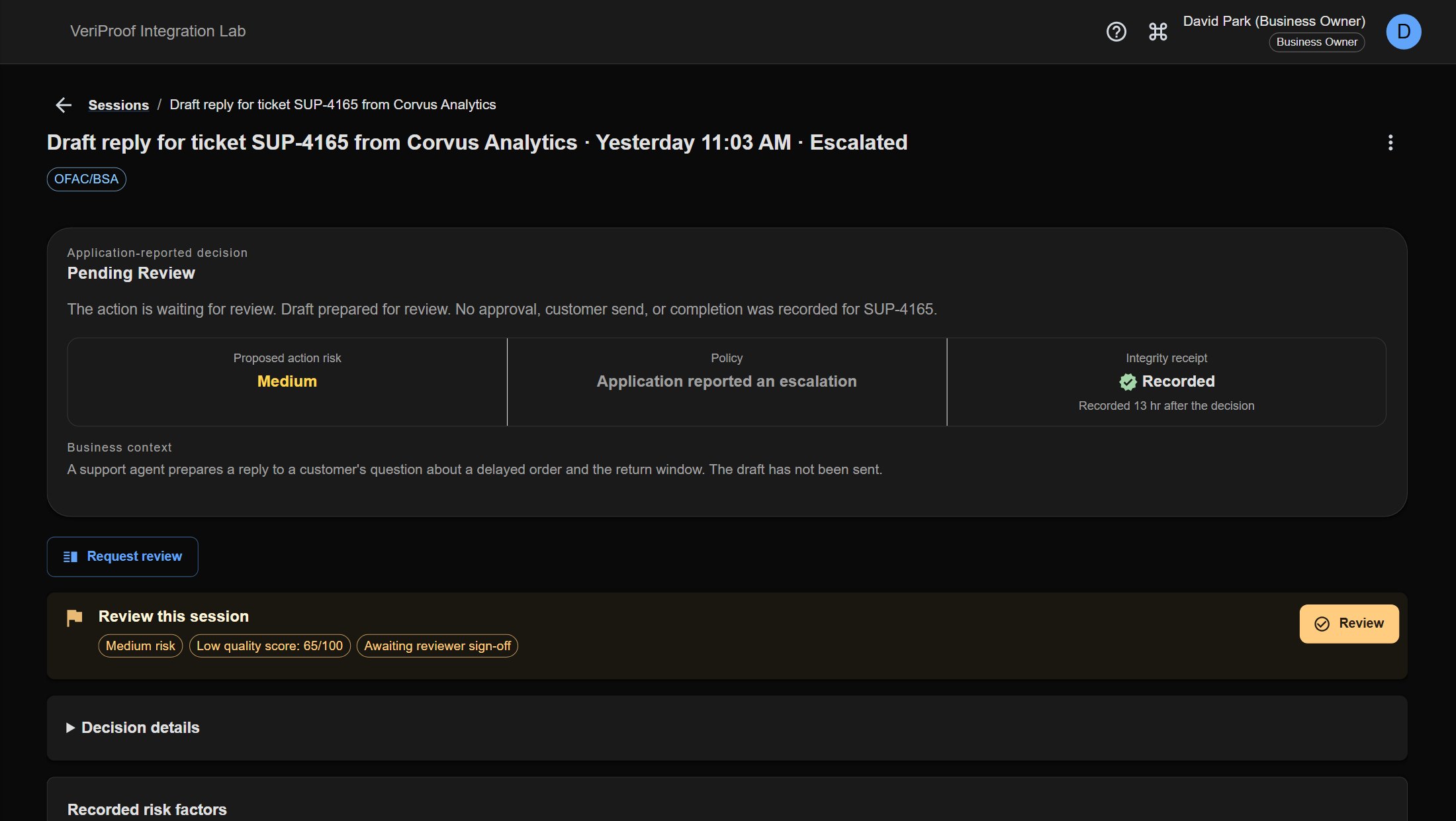 A support reply drafted by an agent, waiting for review, with its risk, business context, and a Review button.