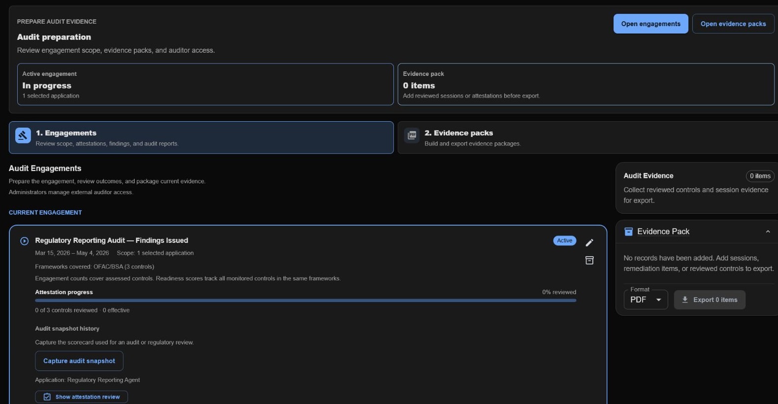 VeriProof audit preparation view with an active engagement, its date range and scope, attestation progress, and an evidence pack ready to export.