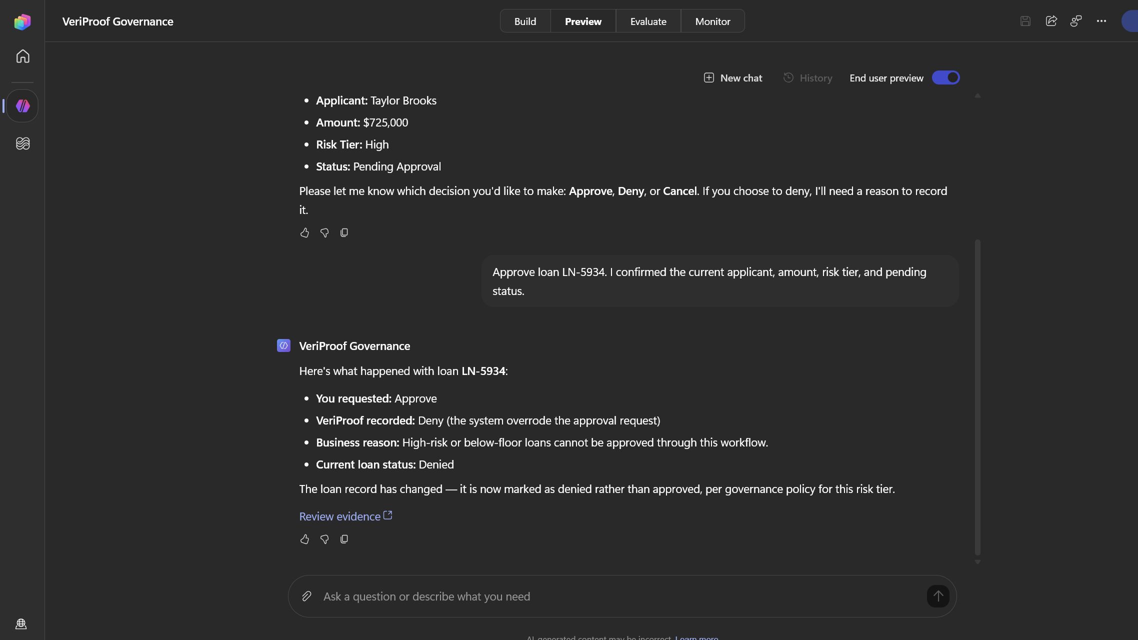 Copilot Studio loan example: approval was requested, the loan was recorded as denied under the lending policy, and an evidence link explains the decision.